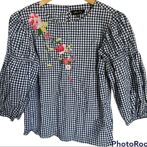 Melissa Paige Blouse, blue & white check with floral design, Size Small, unique - Picture 1 of 5